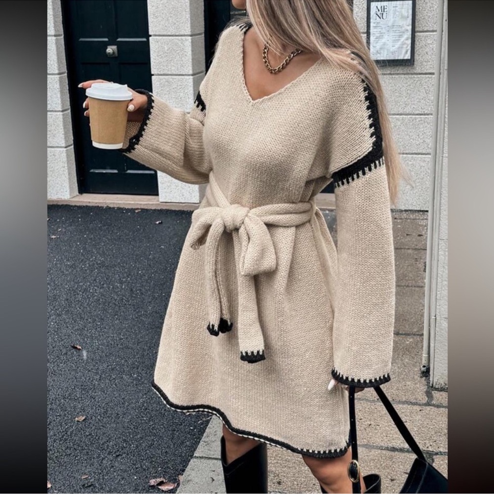 Classic V neck Color Block Belted Oversized Sweater Dress S M L XL